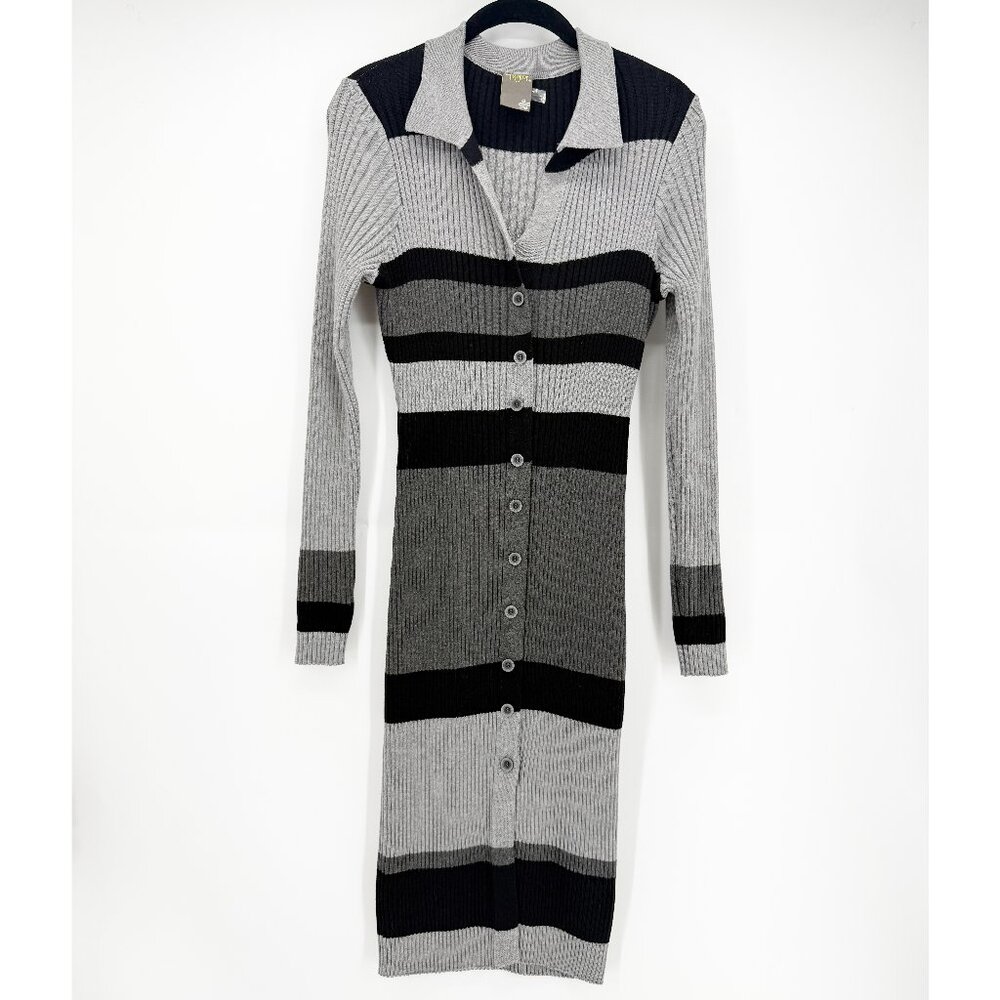 TAYLOR MIDI LENGTH STRIPED RIBBED KNIT BUTTON DOWN DRESS L